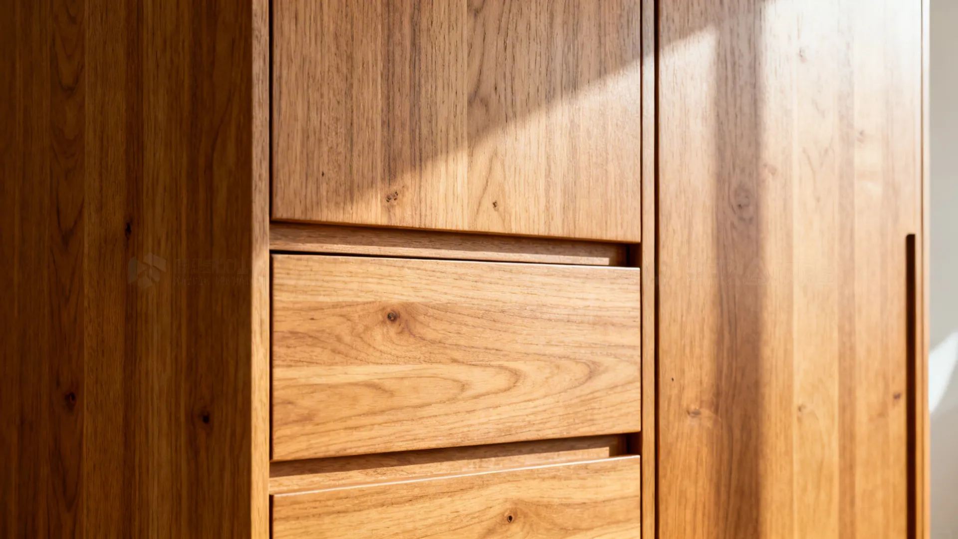 Macro of sequence-matched veneer showing horizontal drawer grain and vertical tall door grain