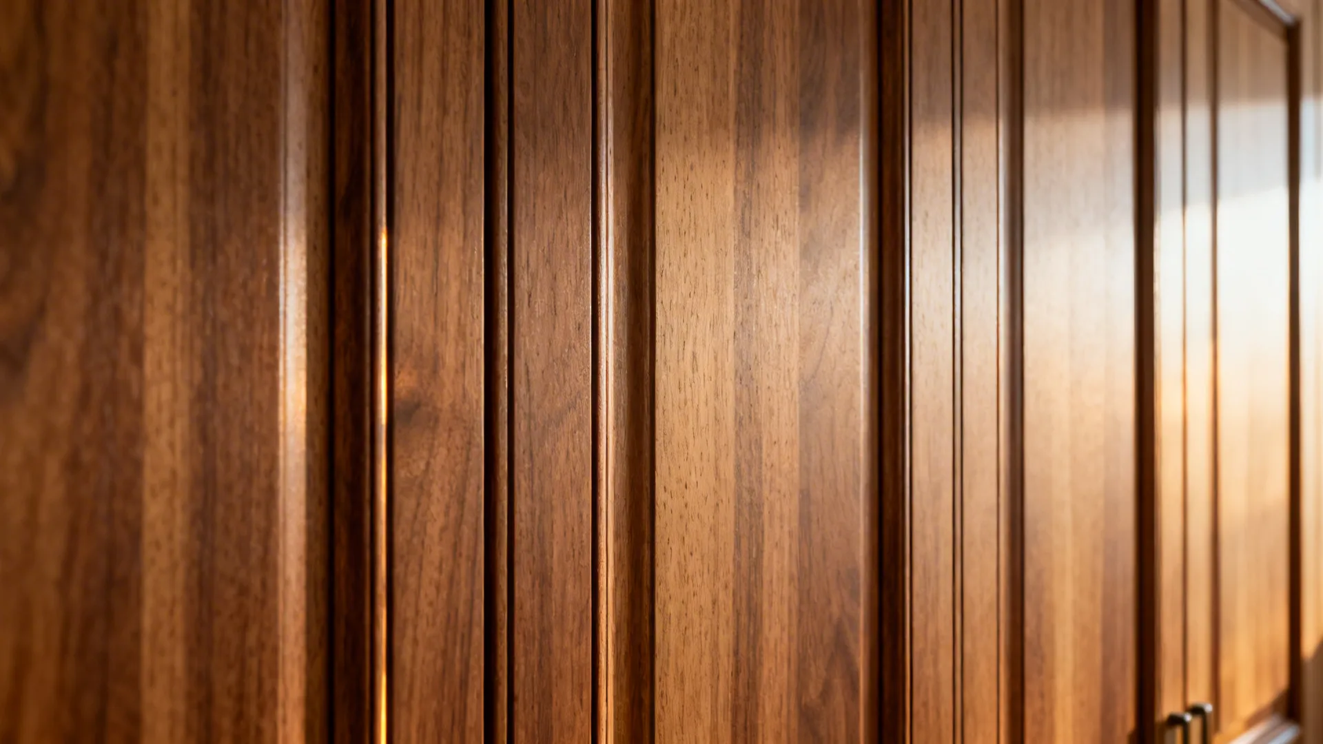 Macro of vertical-grain wood veneer with aligned seams and satin finish on tall doors.