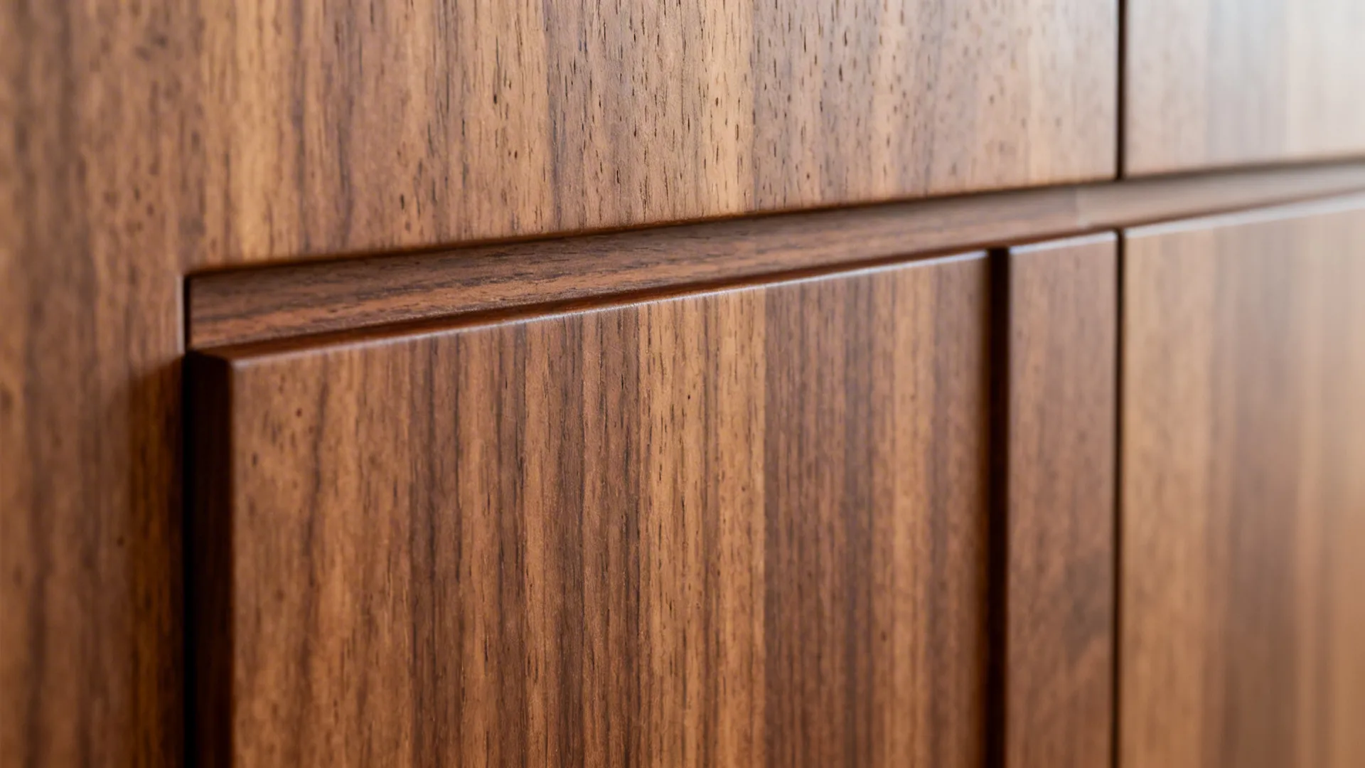 Close up of wood grain on brown kitchen cabinet doors showing a simple and clean line