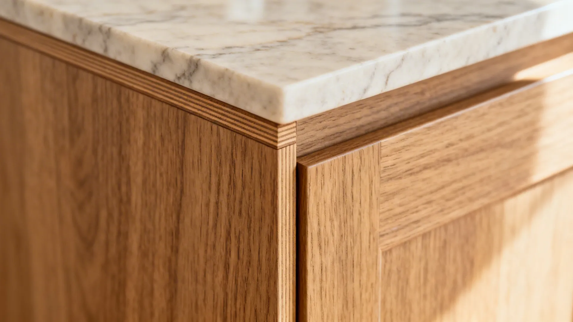 Macro of engineered wood veneer edge with matte handle beside soft white quartz.
