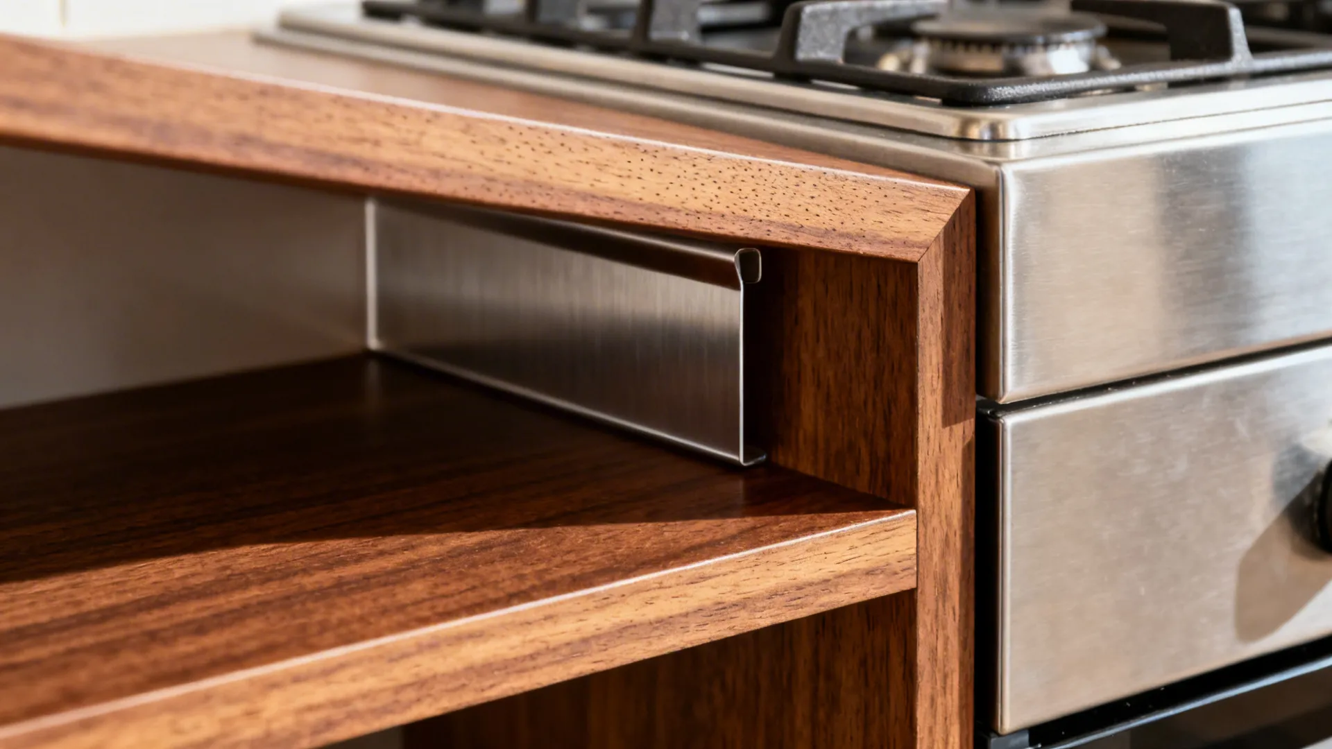 Close up view of wooden kitchen cabinet protected by a silver metal heat shield stove
