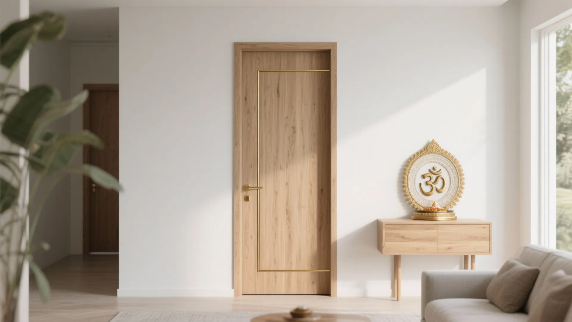 Modern wood door with gold metal lines in bright room with white walls and sofa