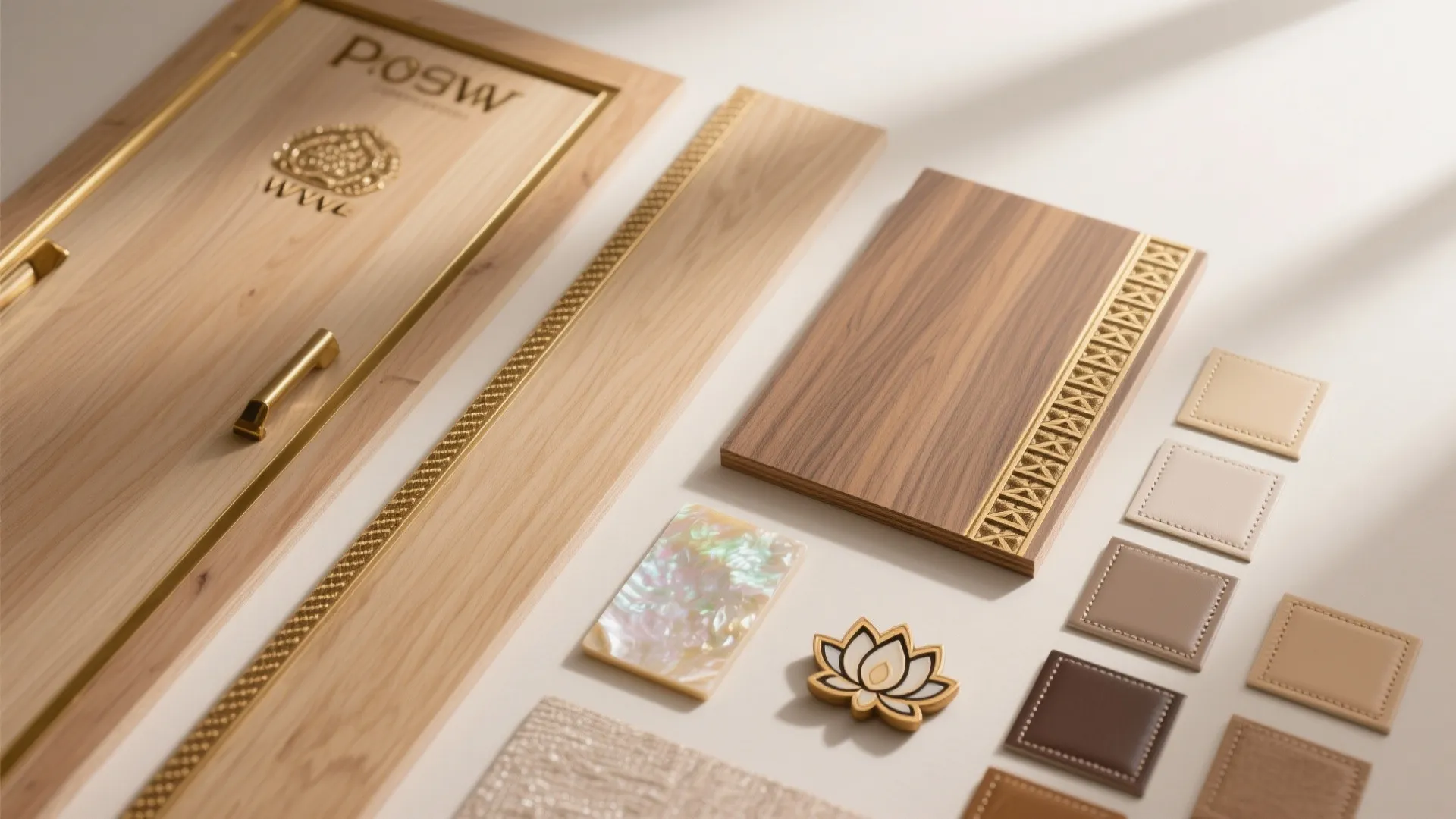 Flatlay of wood panels and small leather samples for choosing home interior design materials and colors