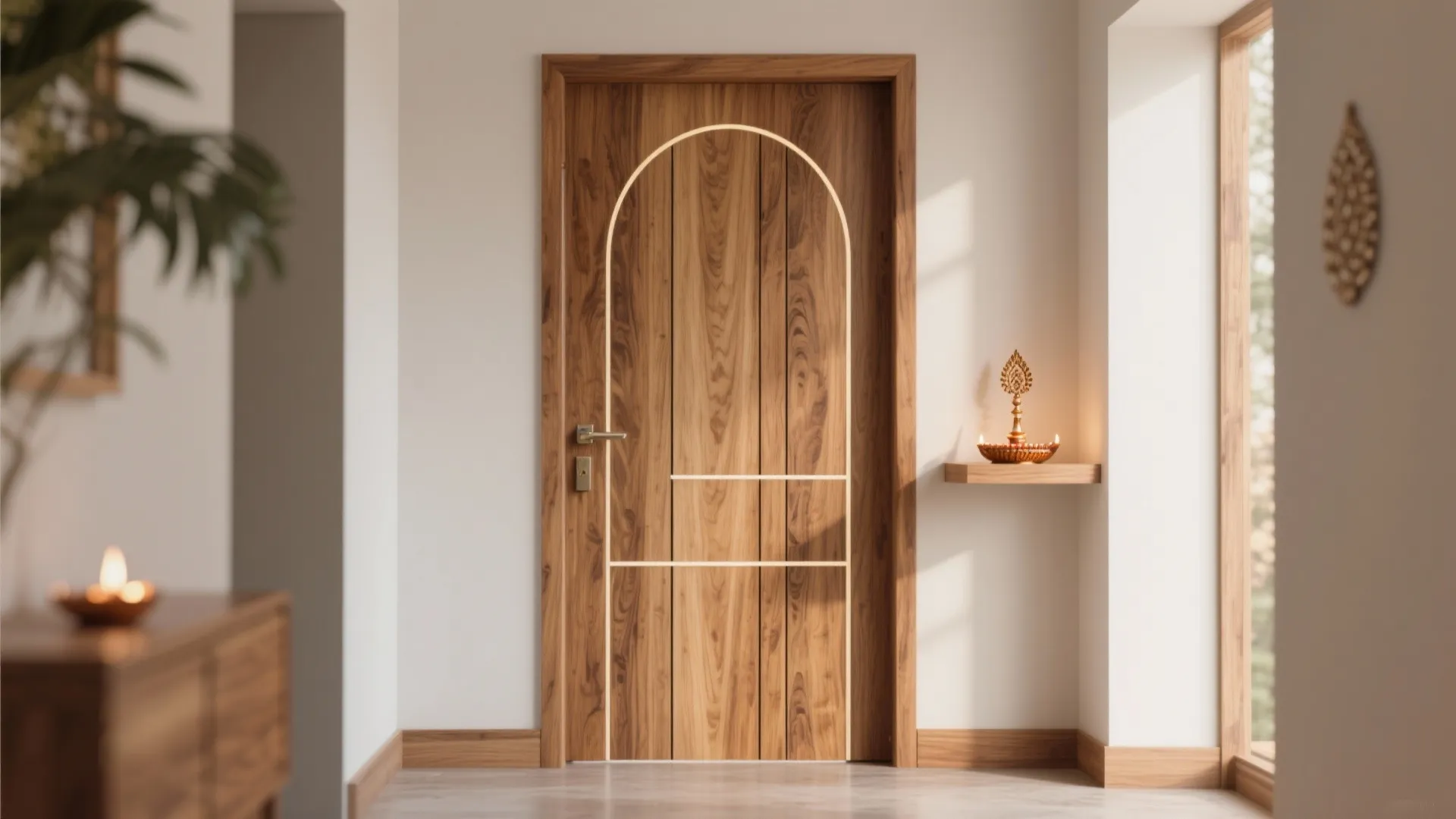 Minimalist wood door with arched design detail in a bright room with natural white walls