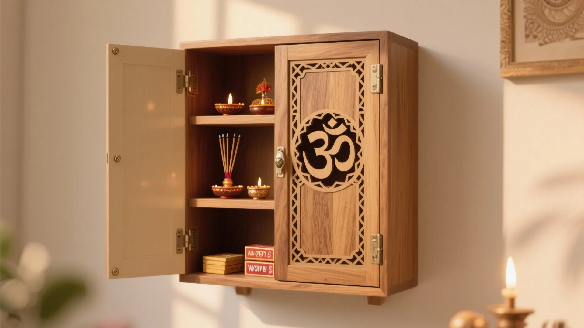 Veneer OM jali door concealing neat storage shelves in a compact pooja cabinet.