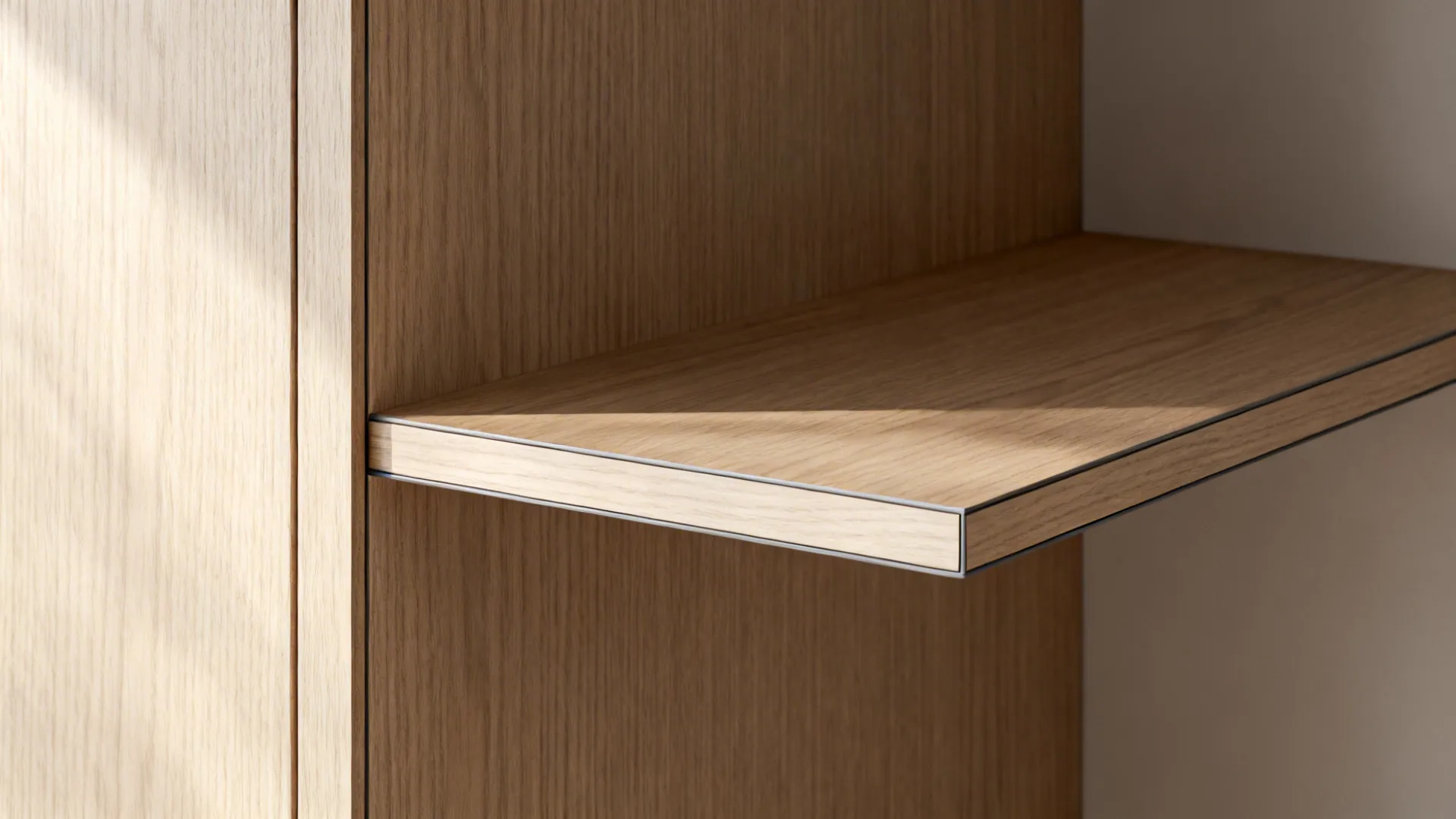 Close-up of thin wood veneer panels with a smooth modern finish and floating shelf edge.