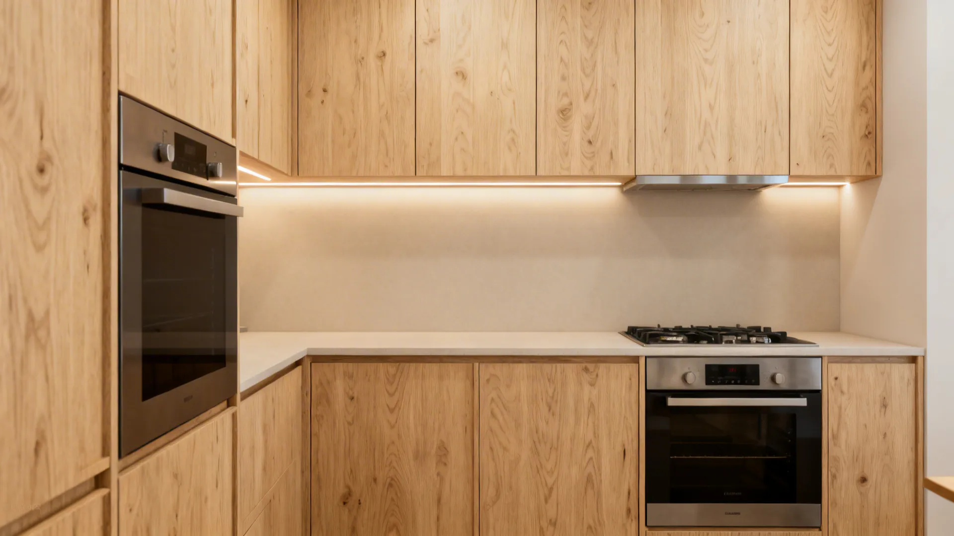 Small modern kitchen with warm oak veneer plywood doors and subtle LED task lighting.