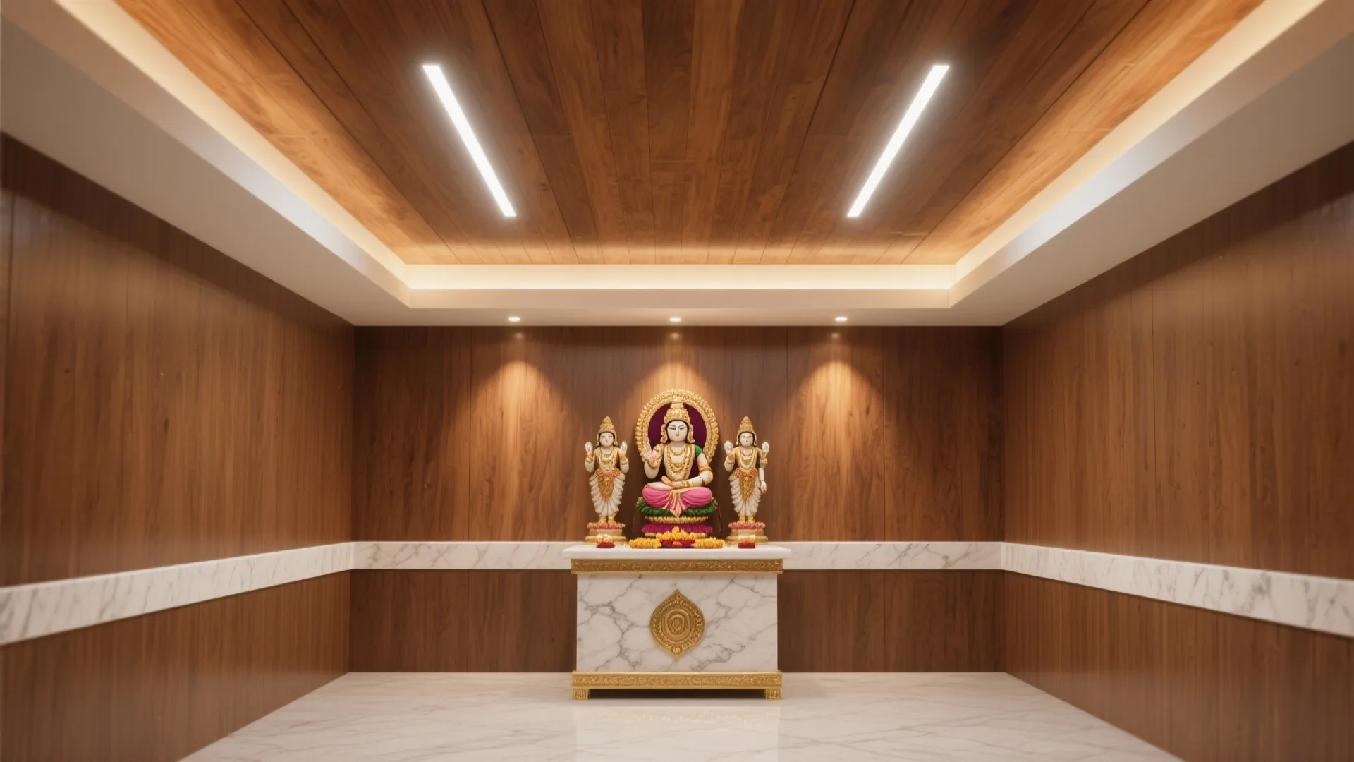 Wooden prayer room interior design drawing with marble stand three statues gold accents and lights