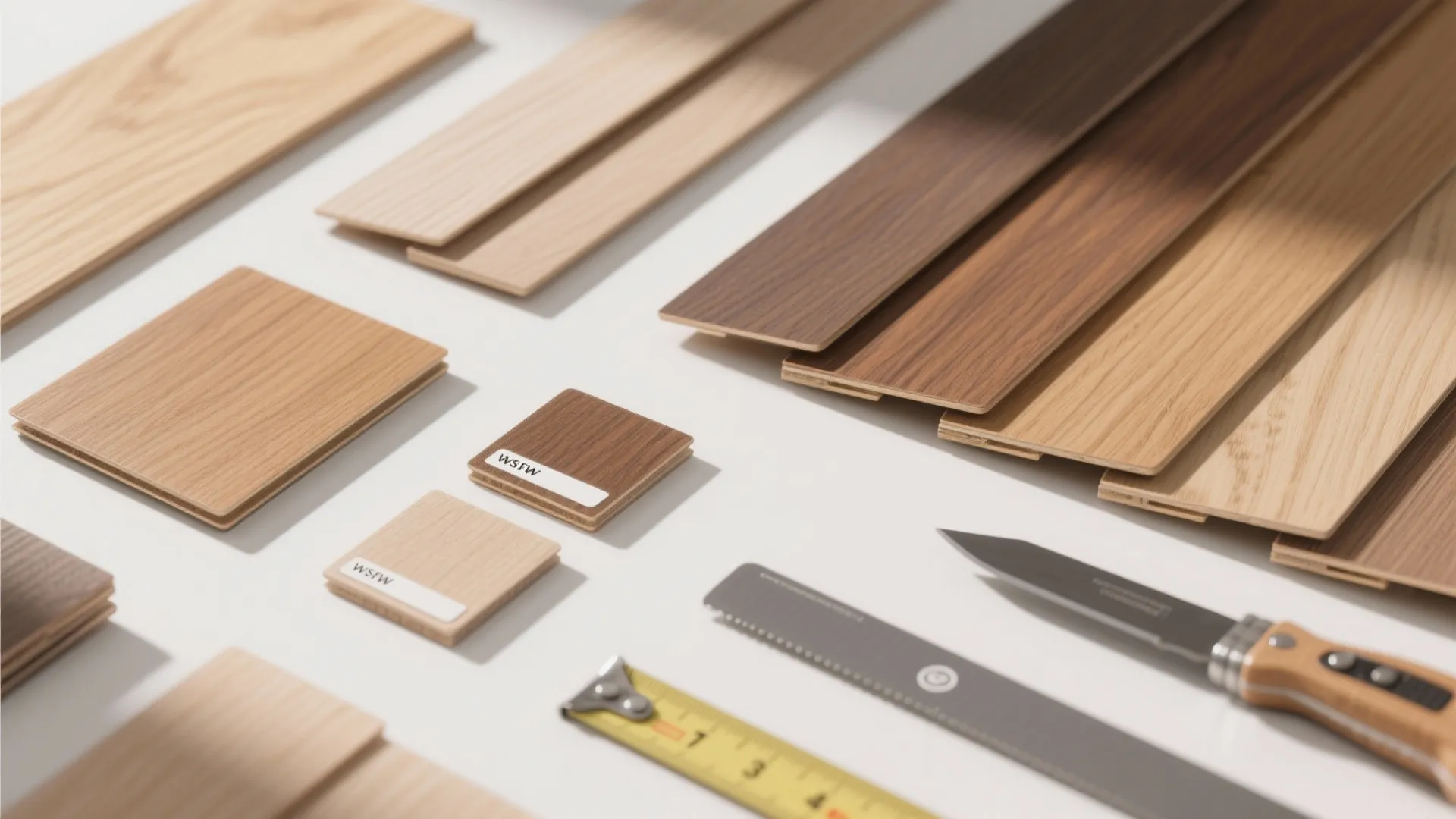 Top-down flatlay of thin wooden veneer panel samples in oak, teak and engineered options with labels and tools.