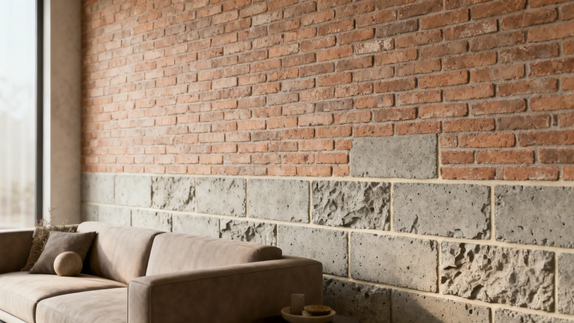 Living room accent wall finished with veneer stone over concrete block, showing textured masonry.
