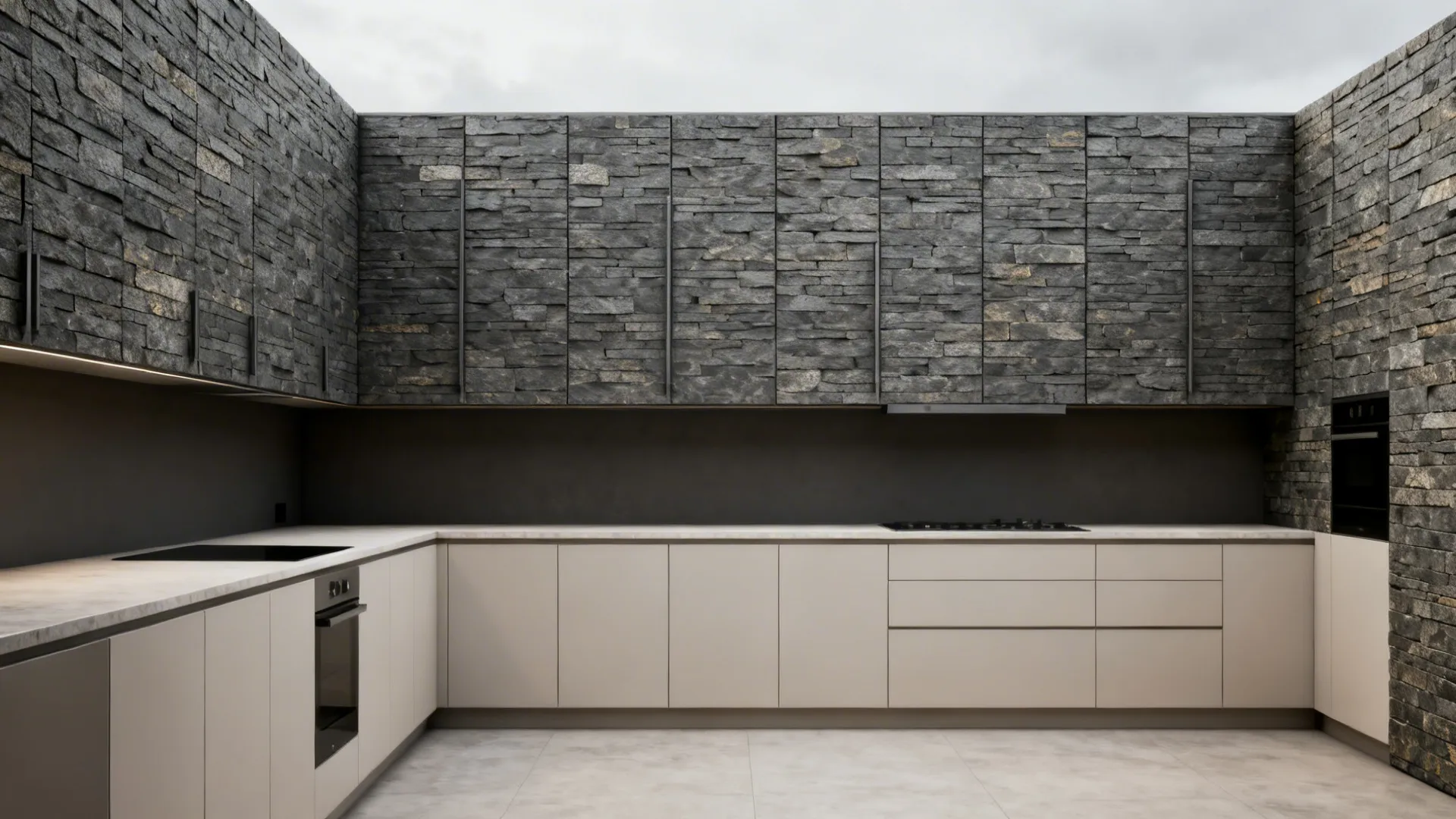 Galley kitchen with thin stone veneer on upper cabinets balanced by light counters and bases.