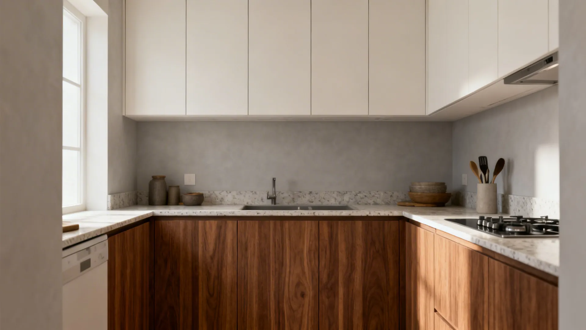 Modern kitchen featuring white upper cabinets dark wood lower cabinets marble counters and natural light