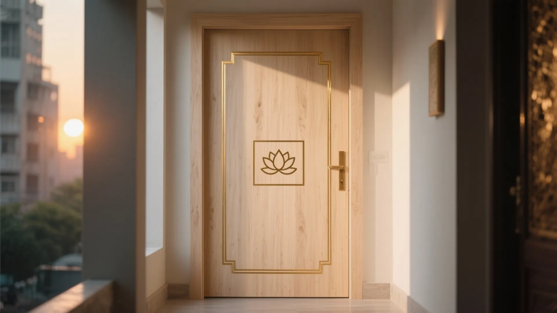 Light wood door with gold flower pattern and frame in a bright hallway with sunlight