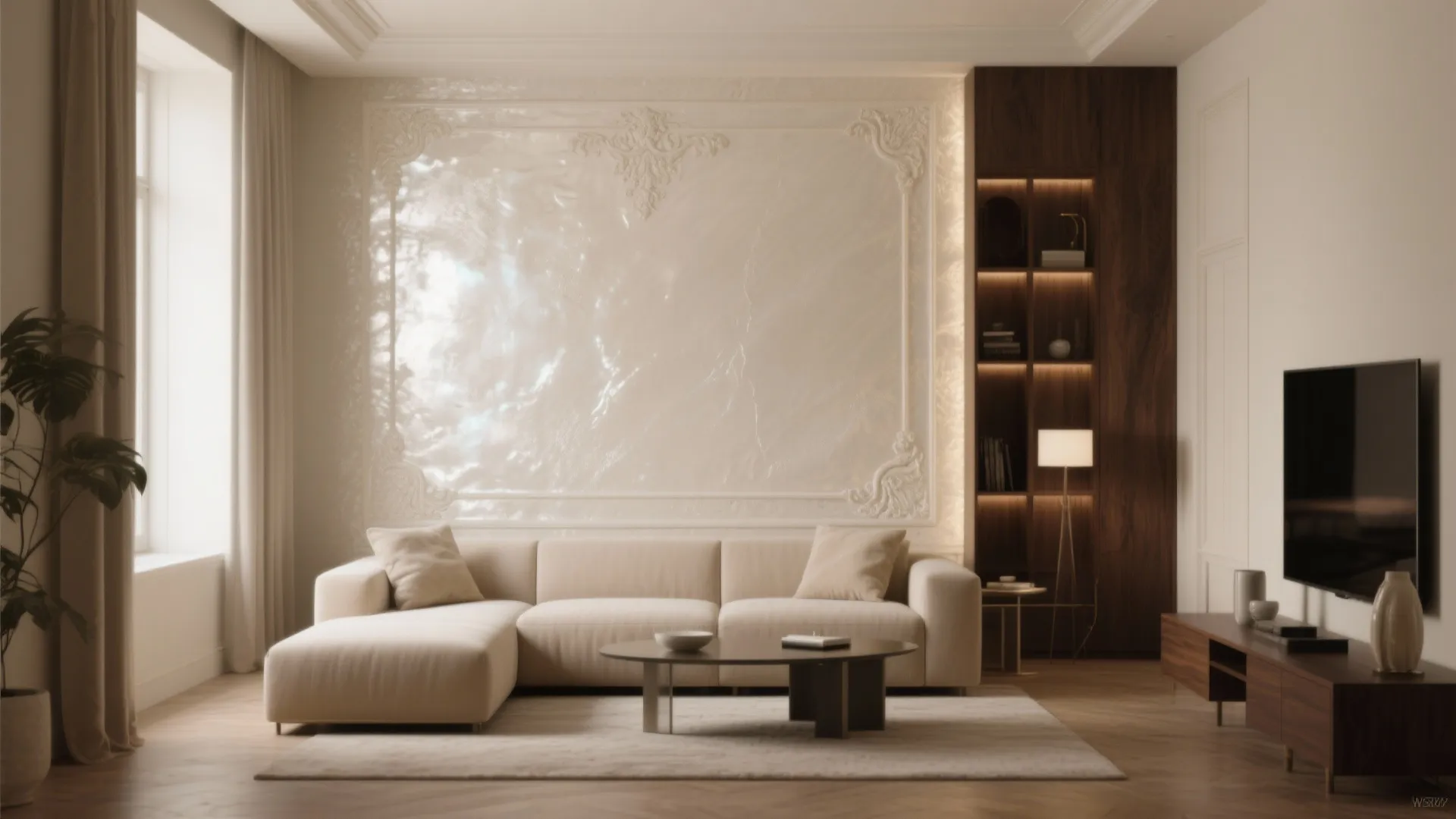 Modern living room featuring white sofa, coffee table, wooden cabinet, and decorative white wall panel