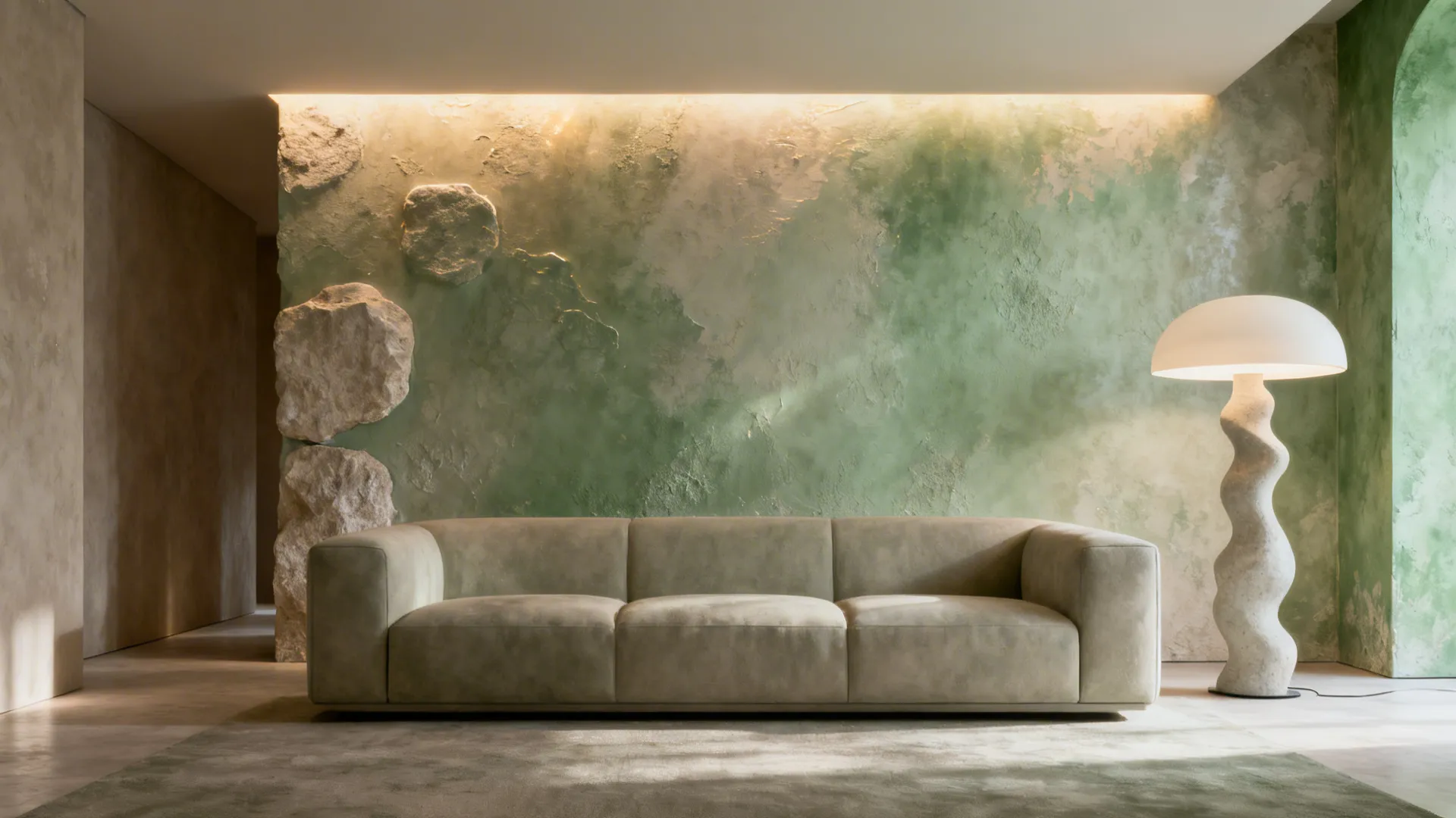 Venetian plaster accent wall behind a sofa with a soft stone-like sheen.