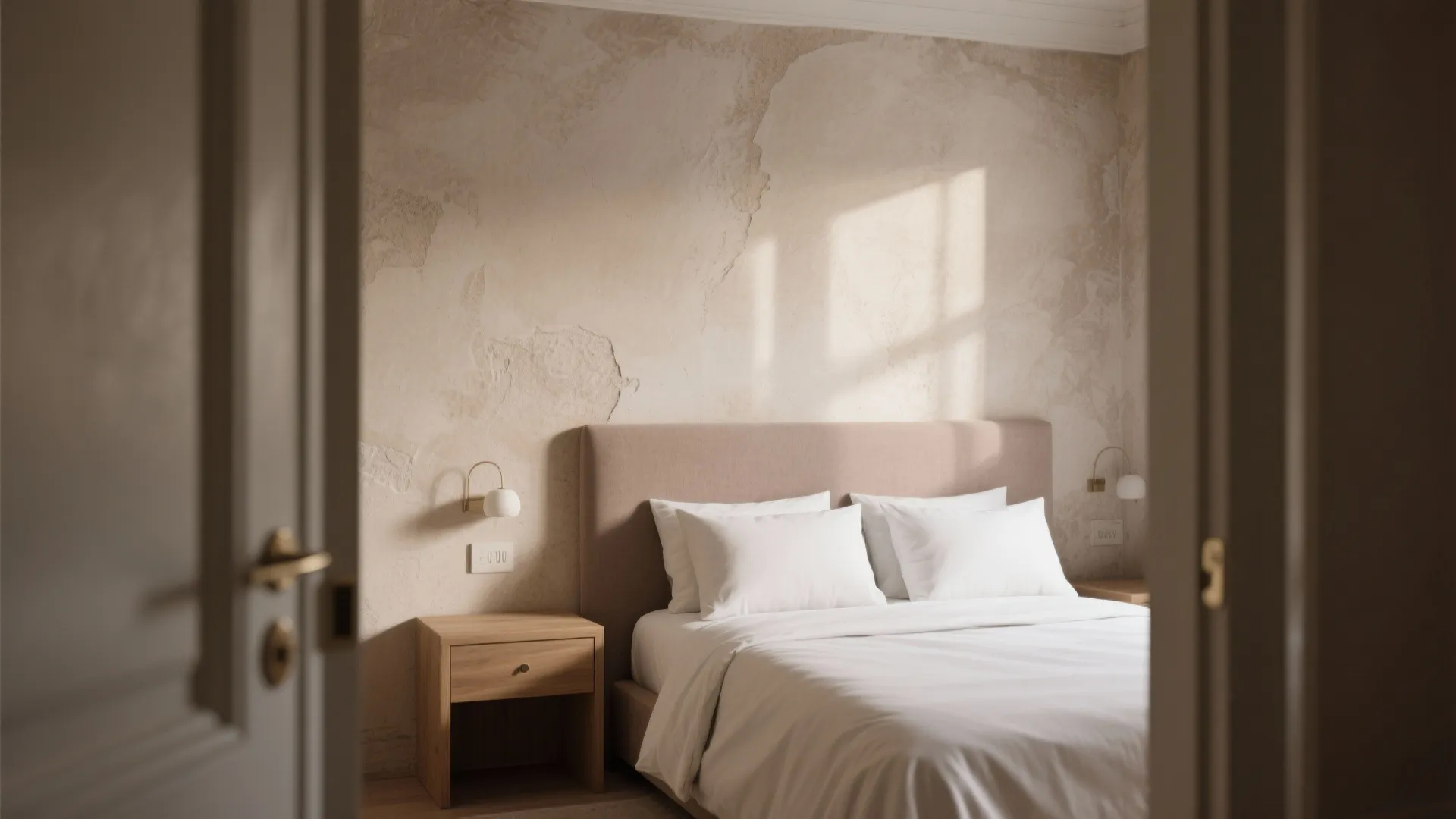 Minimalist bedroom with beige textured walls white bedding wooden nightstand and small white wall light