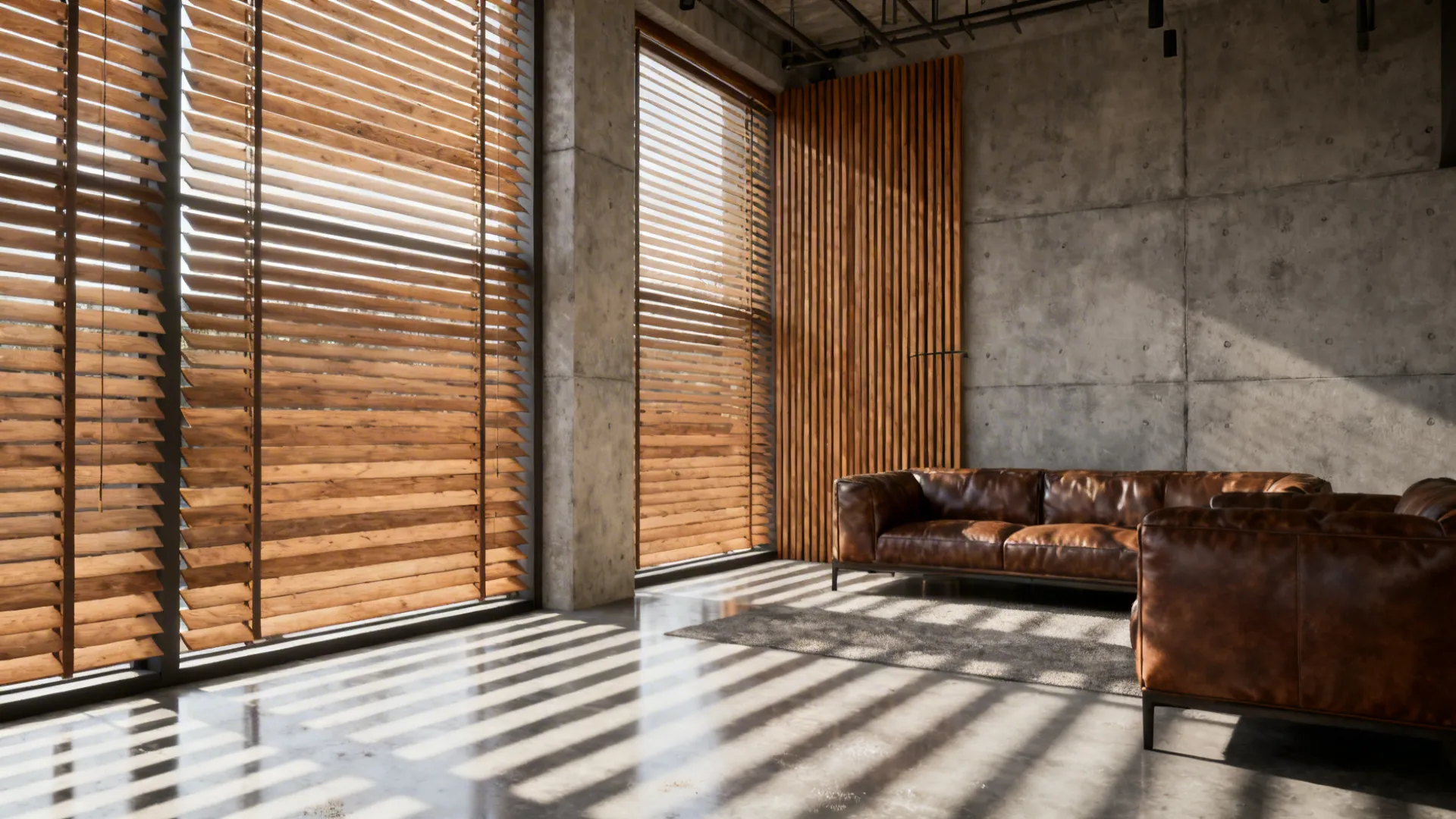 Loft living room with wooden Venetian blinds tilted to control light