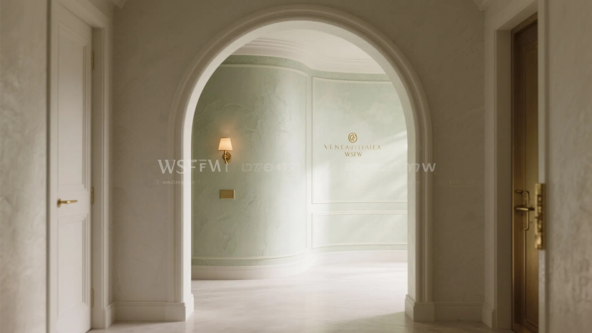 Arched doorway leading to a curved green textured wall with wall light and white trim