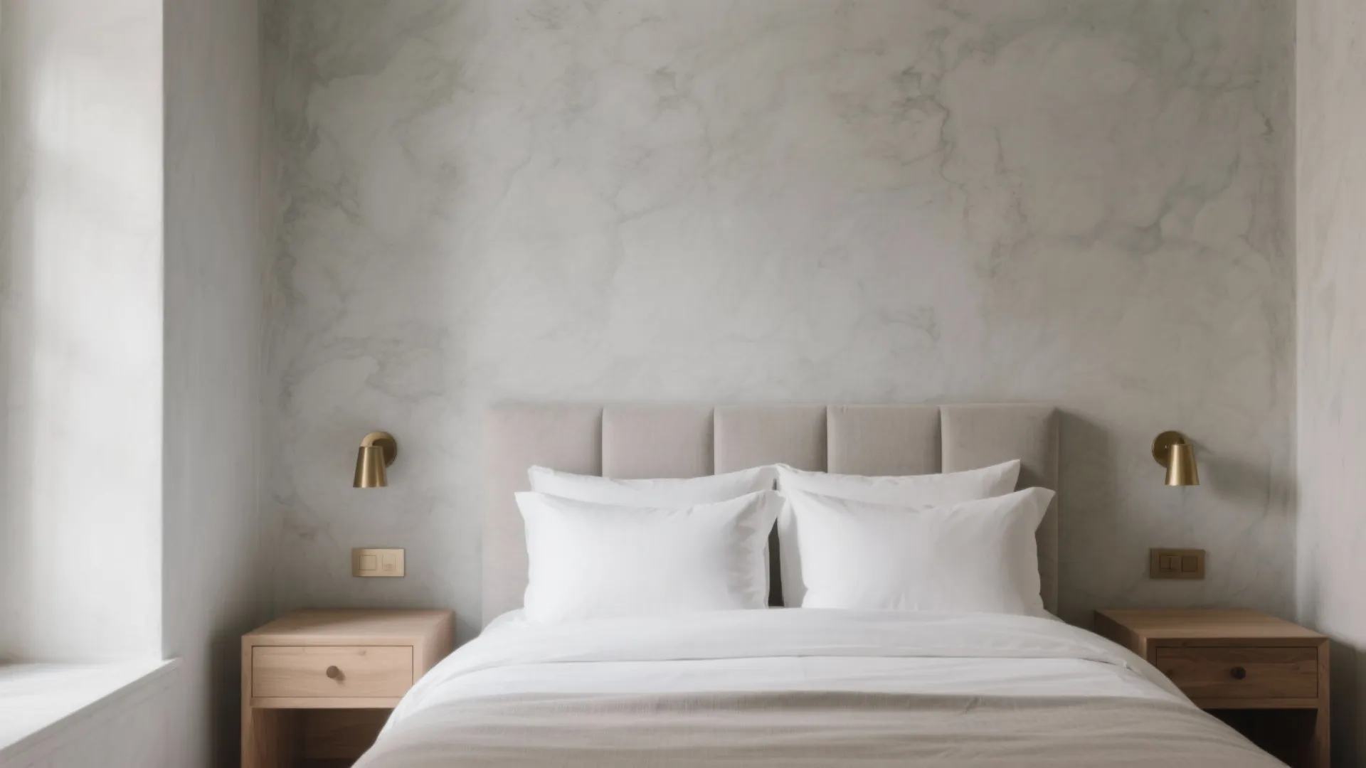 Modern bedroom with grey textured wall, gold wall lights, wooden nightstands, and white bedding interior