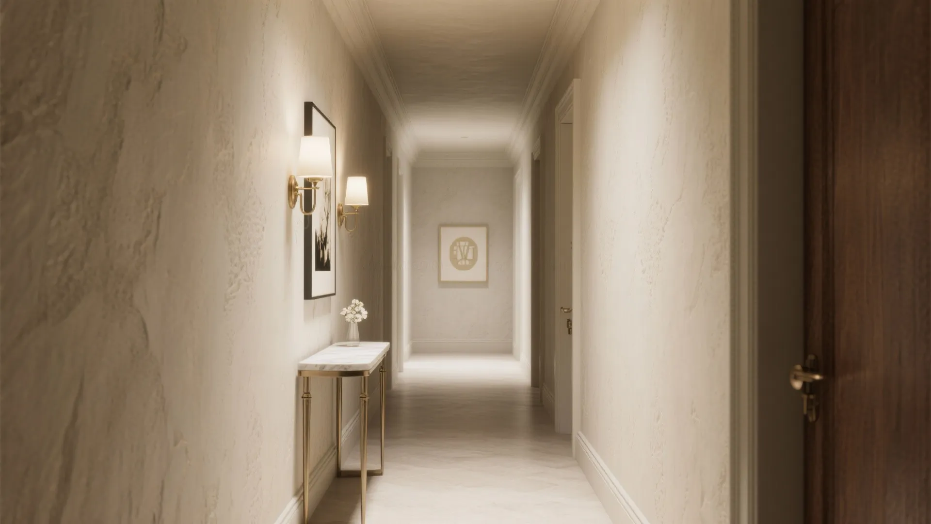 Long narrow hallway with textured beige walls wall lights a small table and framed art