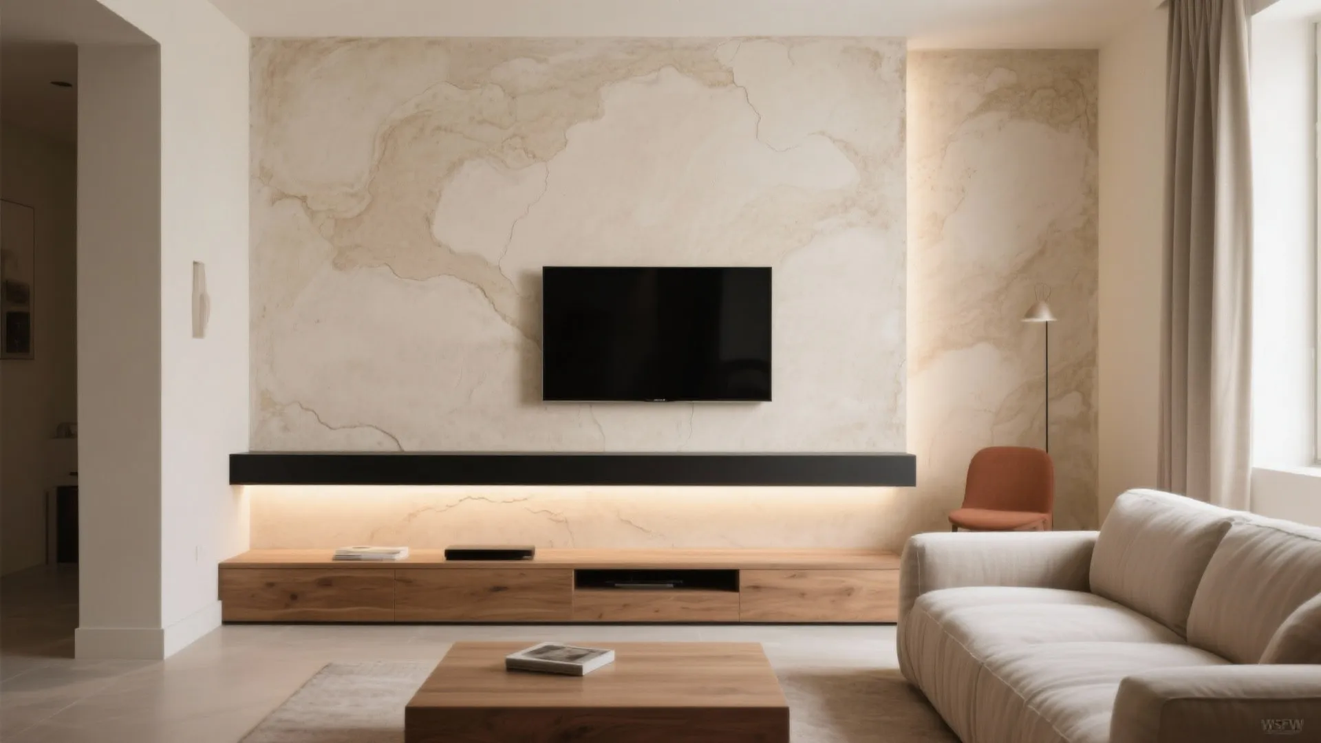 Living room with marble wall panel mounted television wooden cabinet white sofa and wooden table