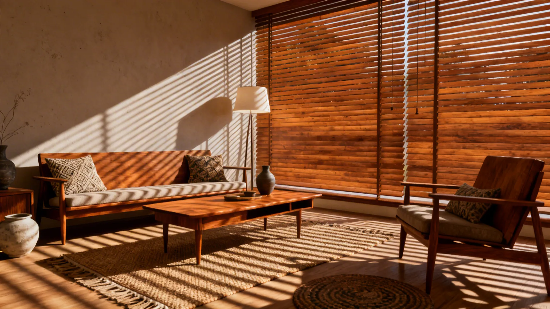 Mid-century living room with wooden sofa armchair coffee table rug and sunlight through window blinds