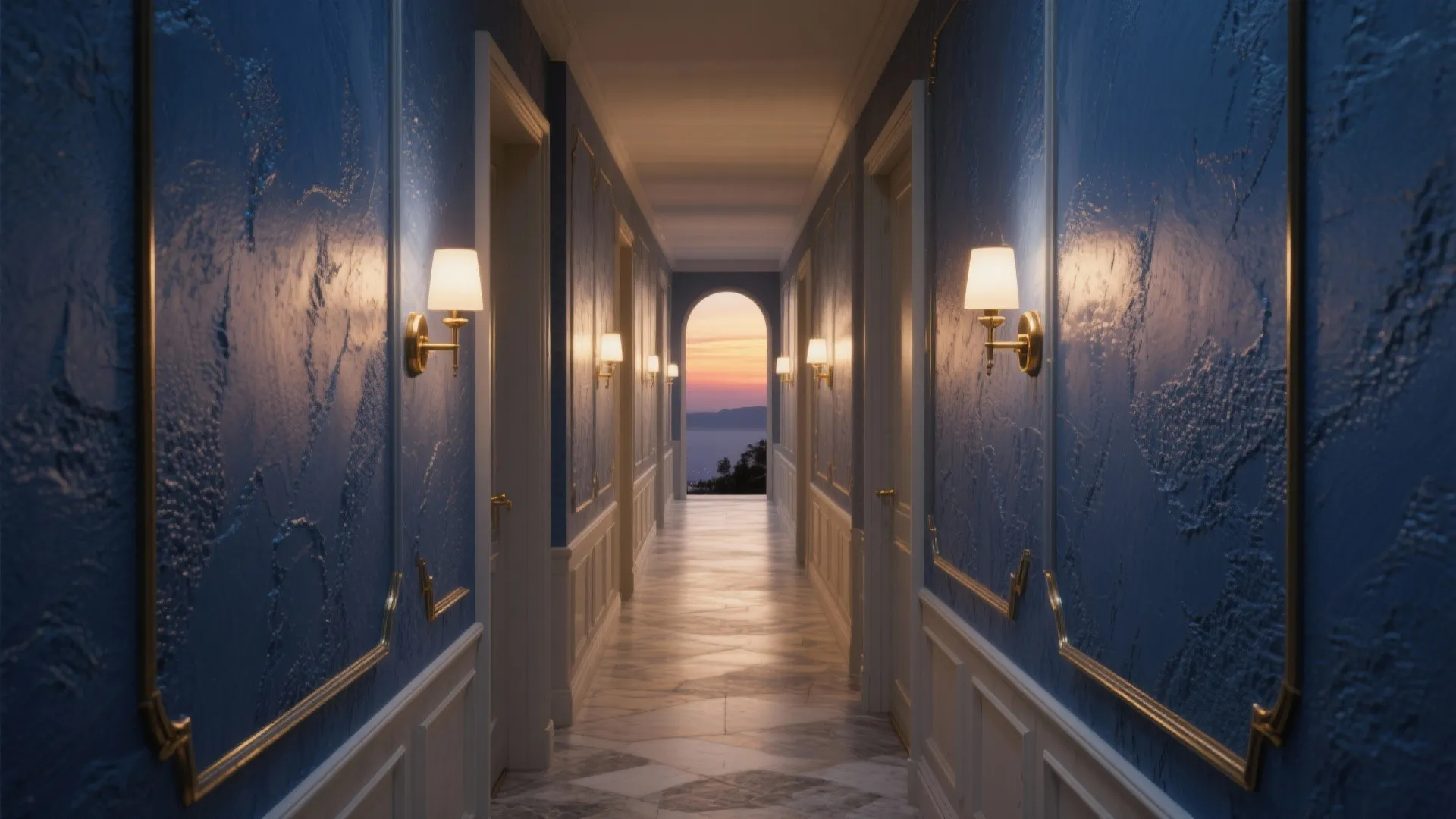 Long hallway with blue textured wall panels gold trim white wall lights and arched view
