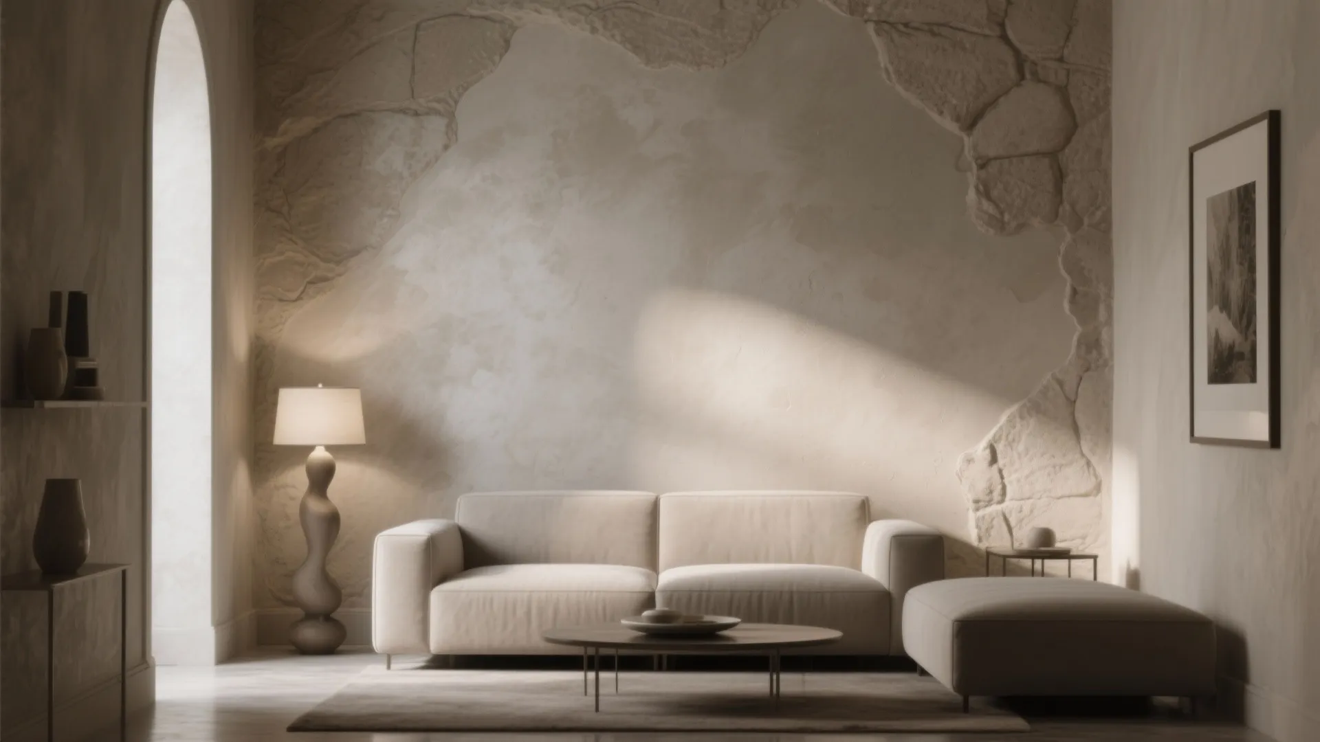 Living room with textured wall, beige sofa, round coffee table, floor lamp, and soft footrest