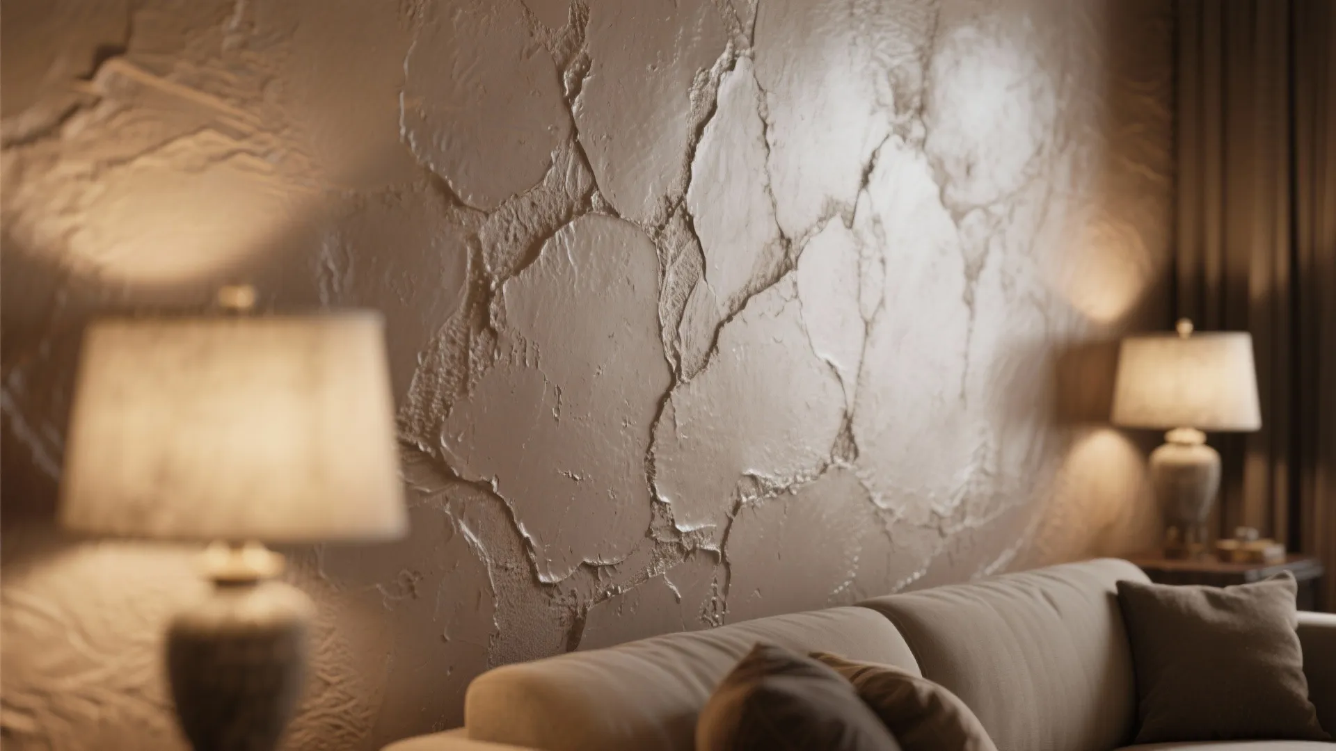Close-up of Venetian plaster wall showing warm taupe sheen and trowel texture.