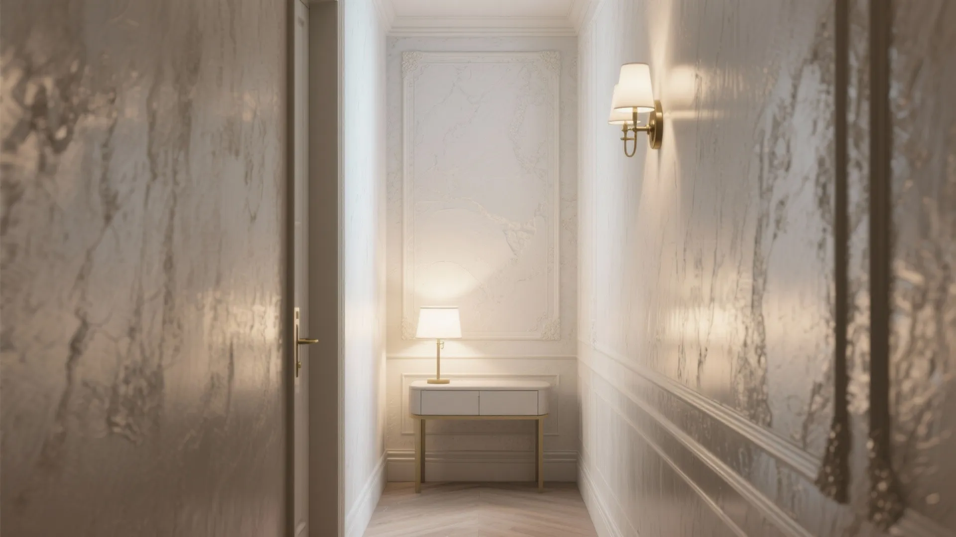 Elegant white hallway with marble texture walls small table table light and gold wall light