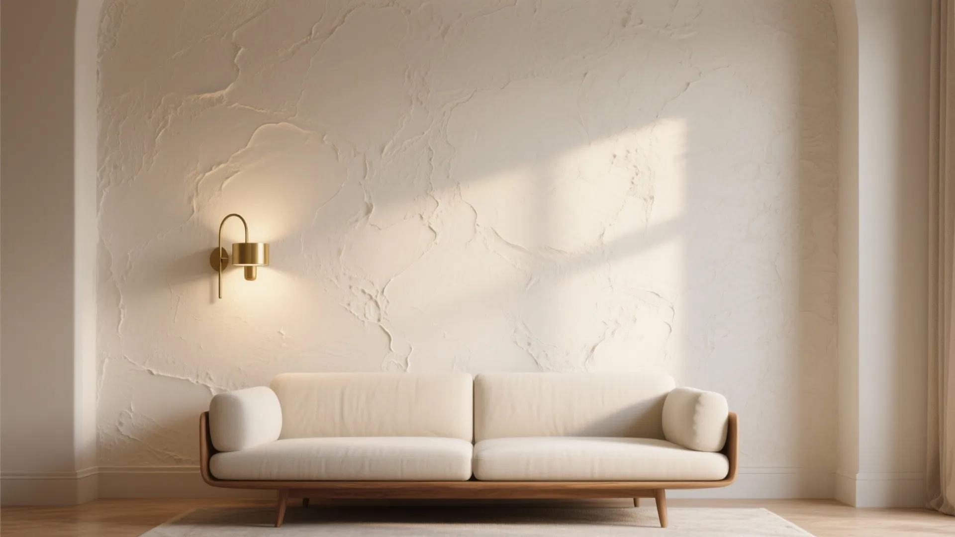 White sofa against a textured wall with a gold wall light and warm natural sunlight
