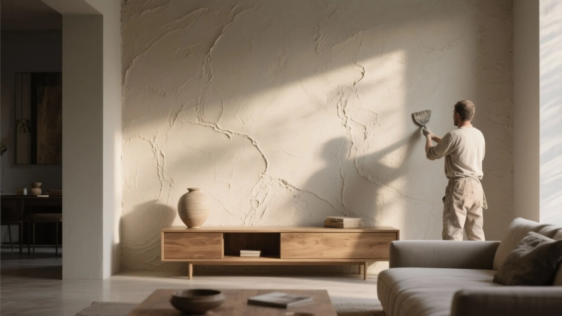 Man applying textured beige wall plaster with a tool above a wooden cabinet and sofa
