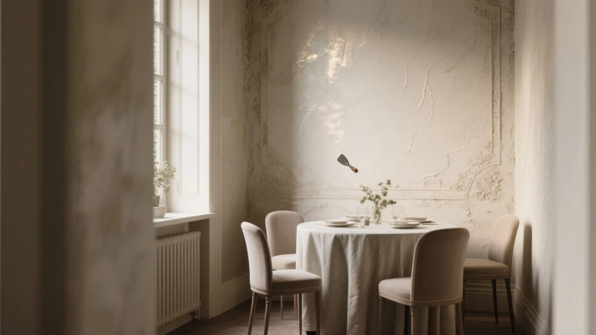 Elegant dining room with round table white cloth four beige chairs and a textured wall