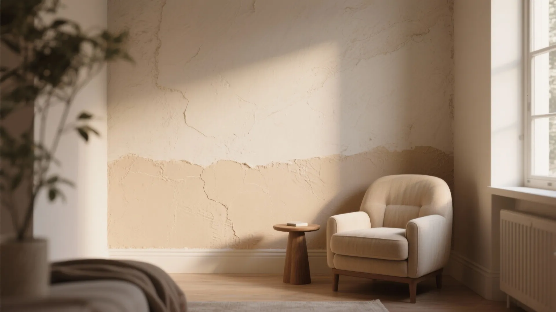 Minimalist room with textured beige wall panel cream armchair wooden side table and natural light