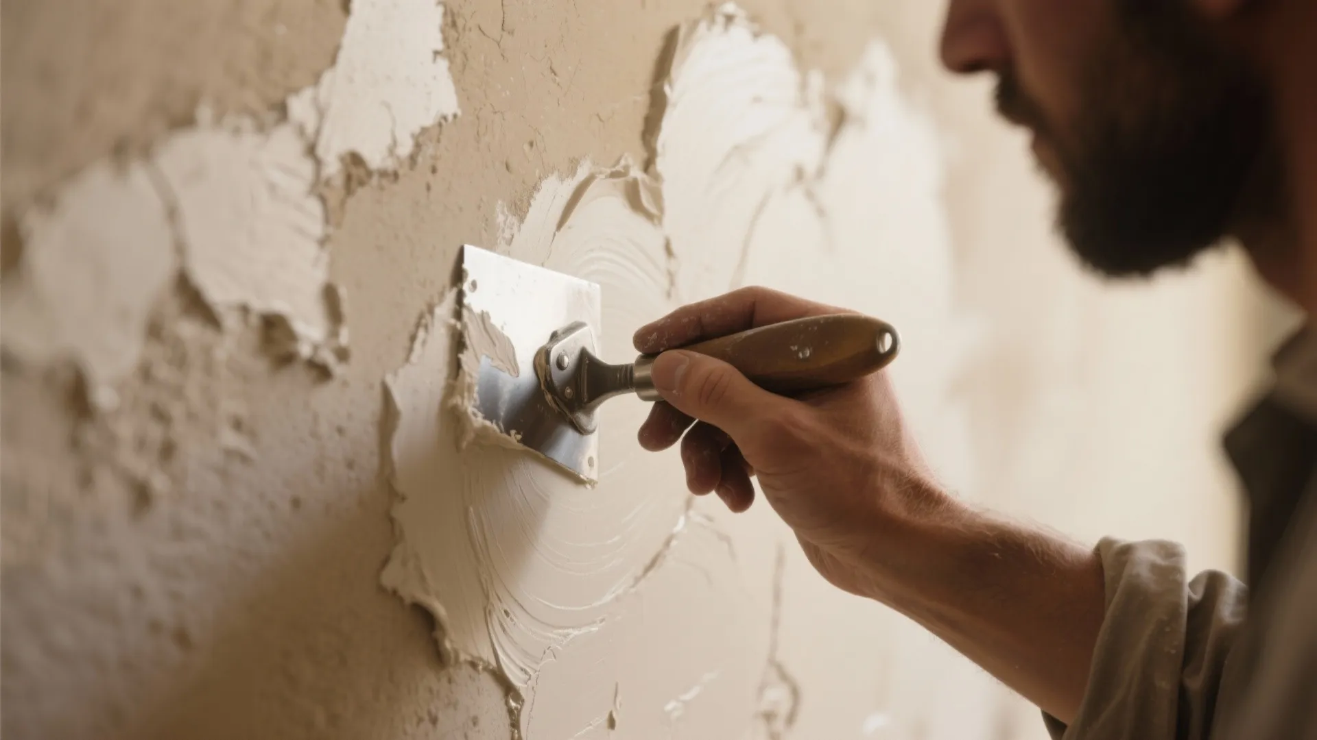 A person using a metal hand tool to apply white plaster onto a beige wall