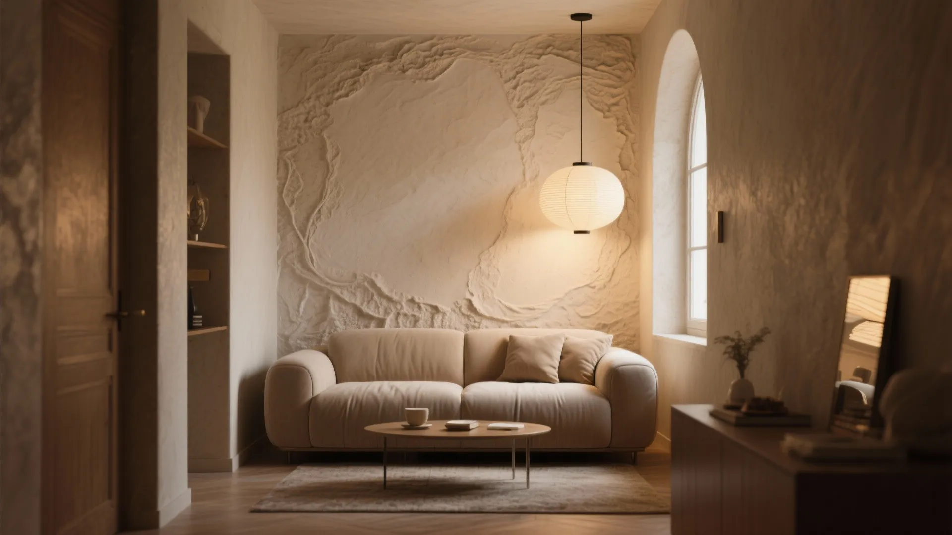2. Venetian plaster in a tiny living area for quiet luxury