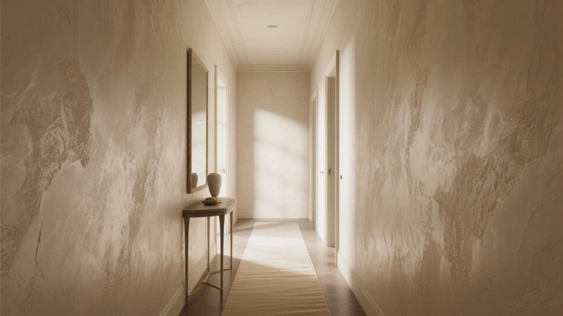 Long hallway with beige textured wall panels wooden floor small table mirror and bright natural light