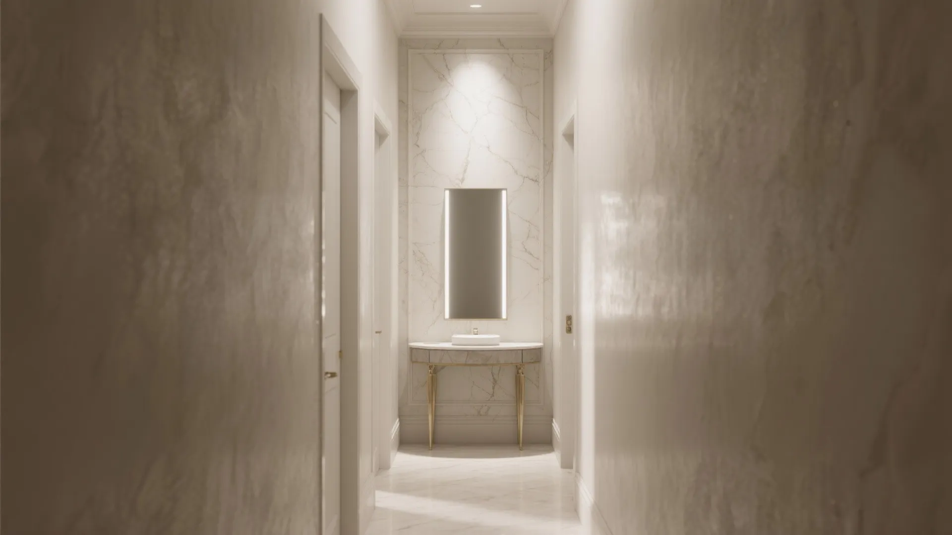 Long narrow hallway leading to a marble table with a lighted mirror and white walls