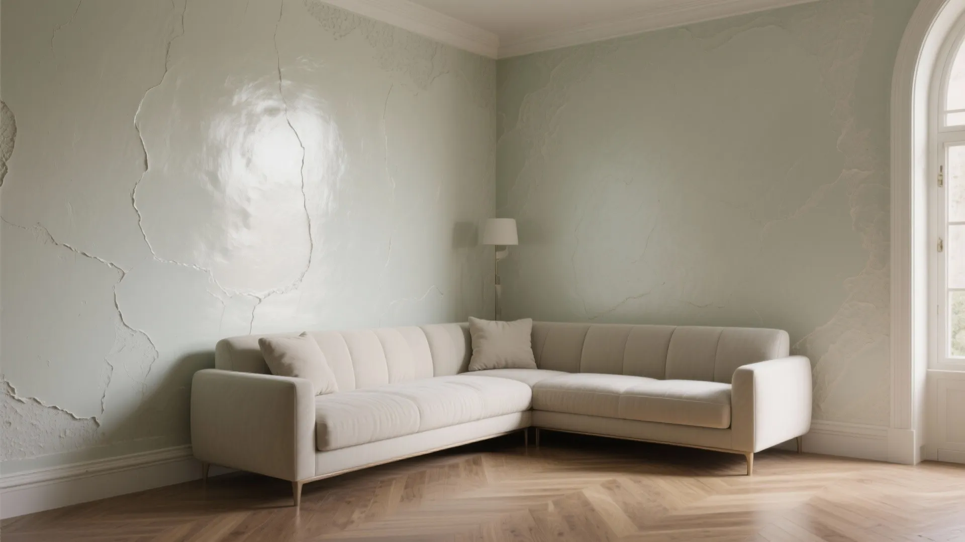 Large cream corner sofa placed against light green walls with subtle textured plaster finish design