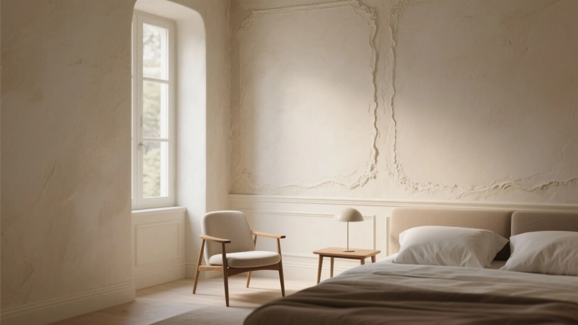 Minimalist bedroom with beige textured walls white window wooden chair small side table and bed