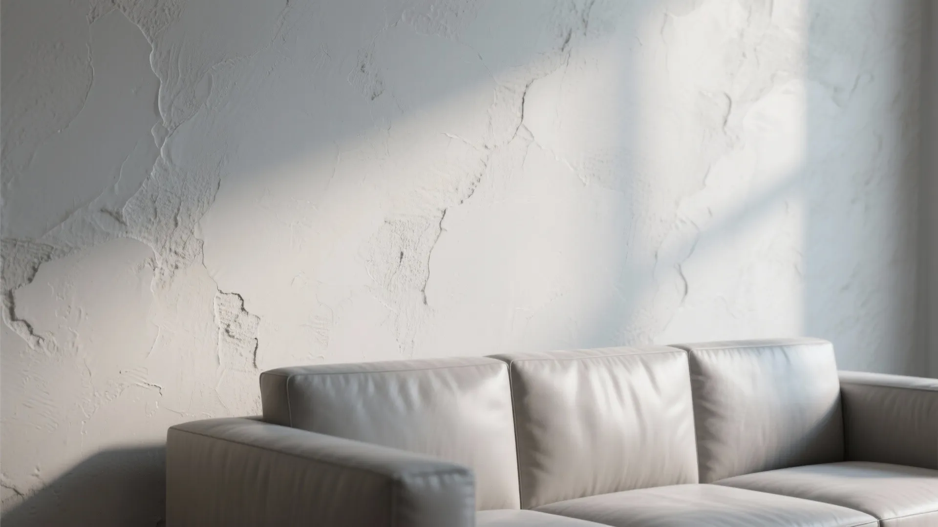 Minimalist living room with grey sofa and textured white wall panel under natural window light