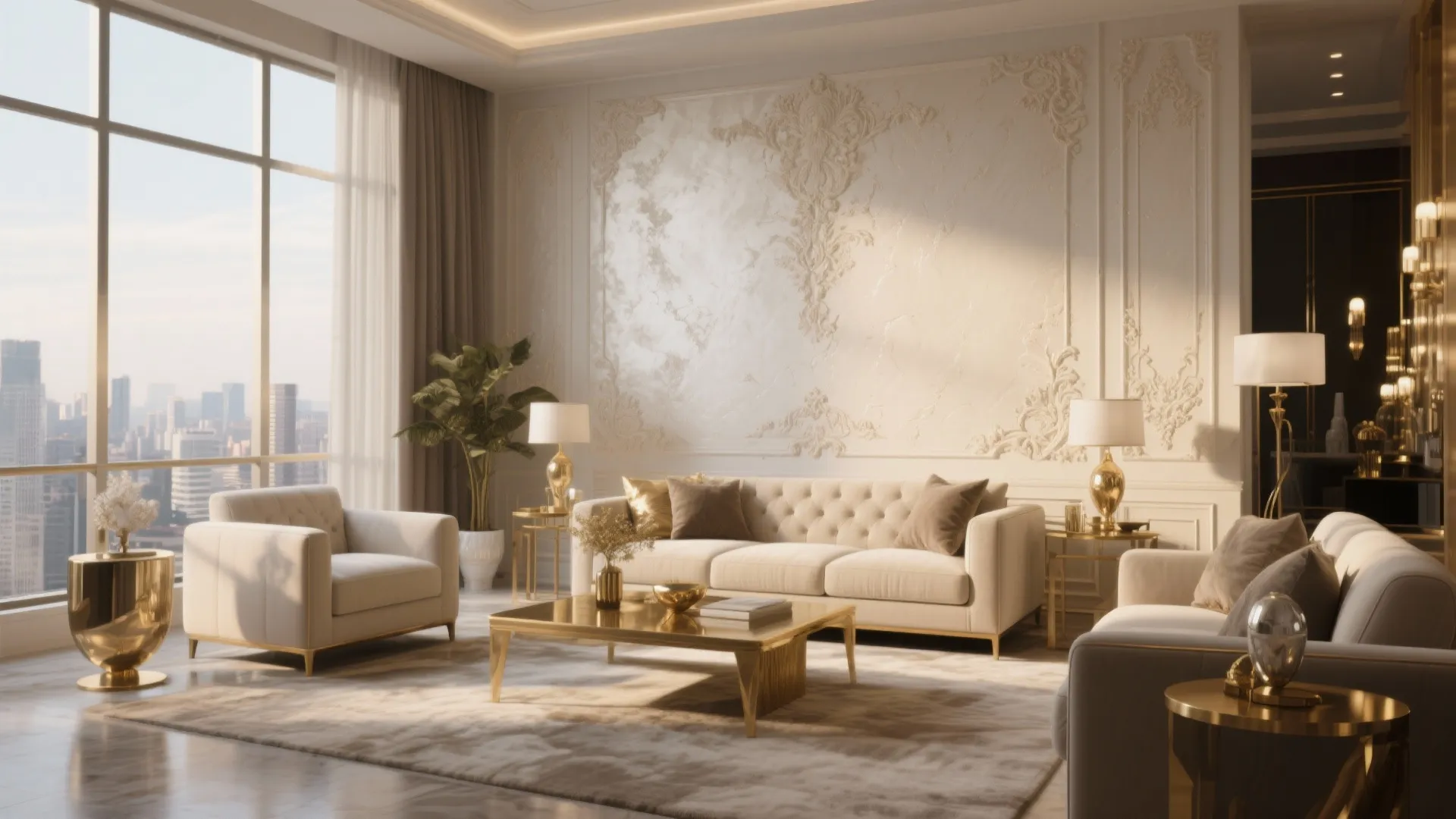 Luxury living room with white sofas gold coffee table ornate wall panel and large city window