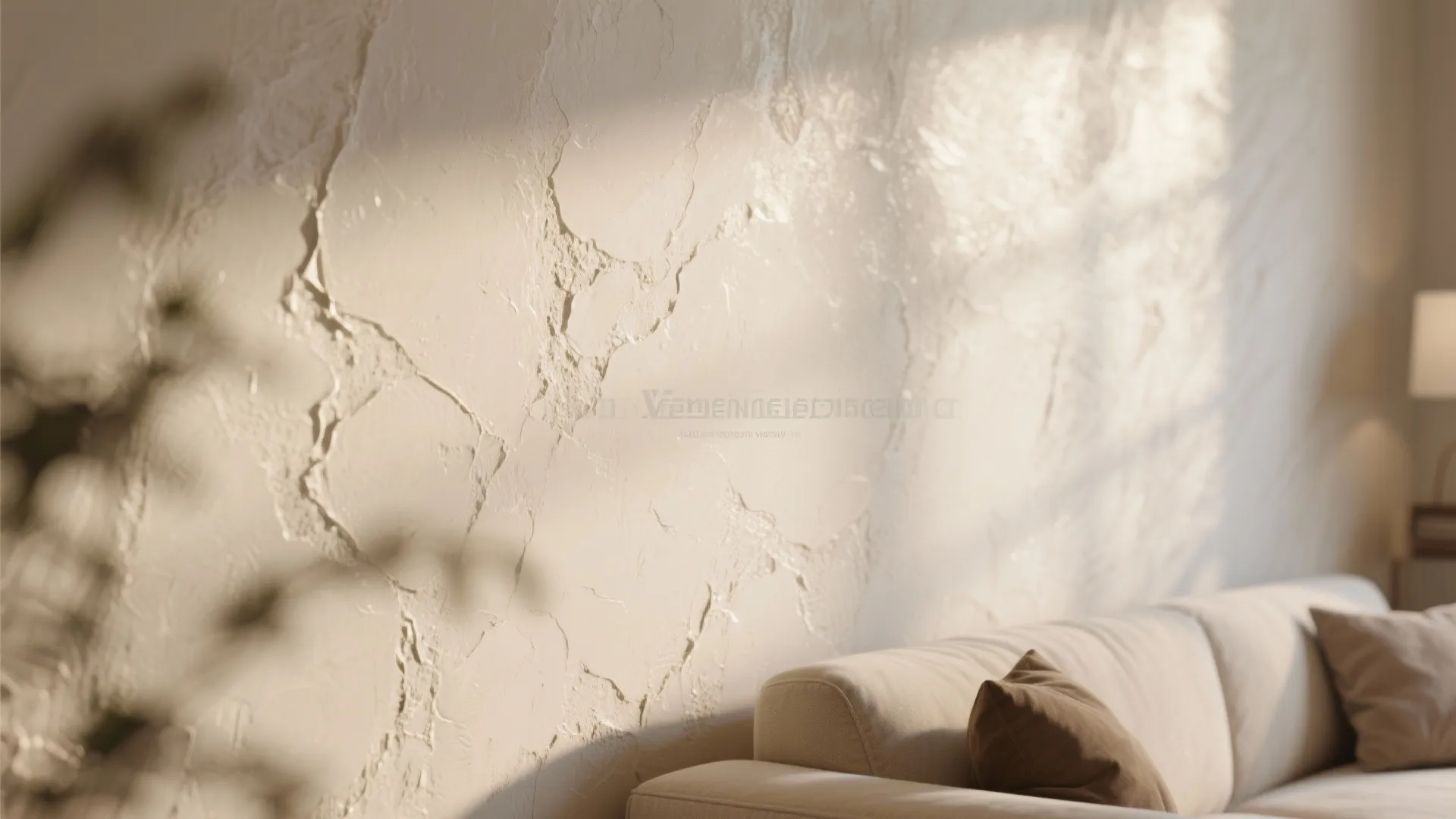Textured beige wall with sunlight highlights behind a cream sofa with brown and grey pillows