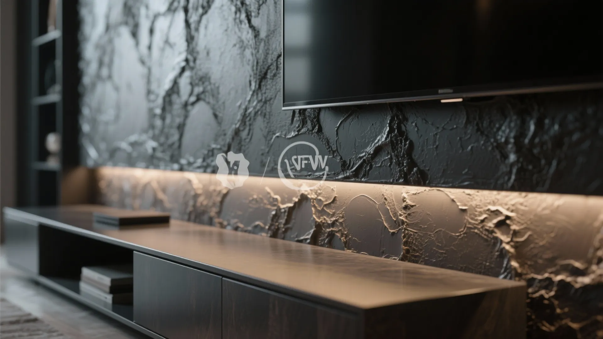 Dark textured feature wall with light strip highlighting rough surface behind a modern black cabinet
