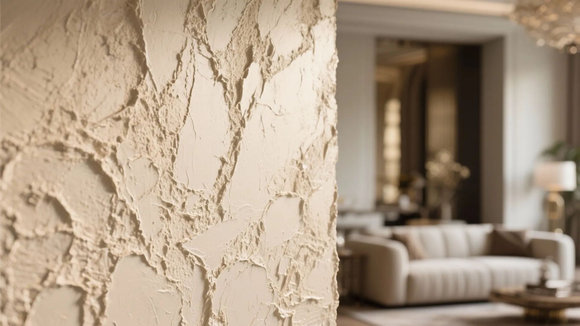 Close up of textured beige wall panel in living room with sofa and ceiling light