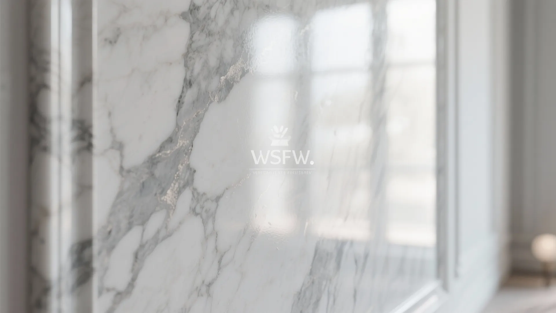 Close up of smooth white marble wall with grey veins and shiny reflective polished finish