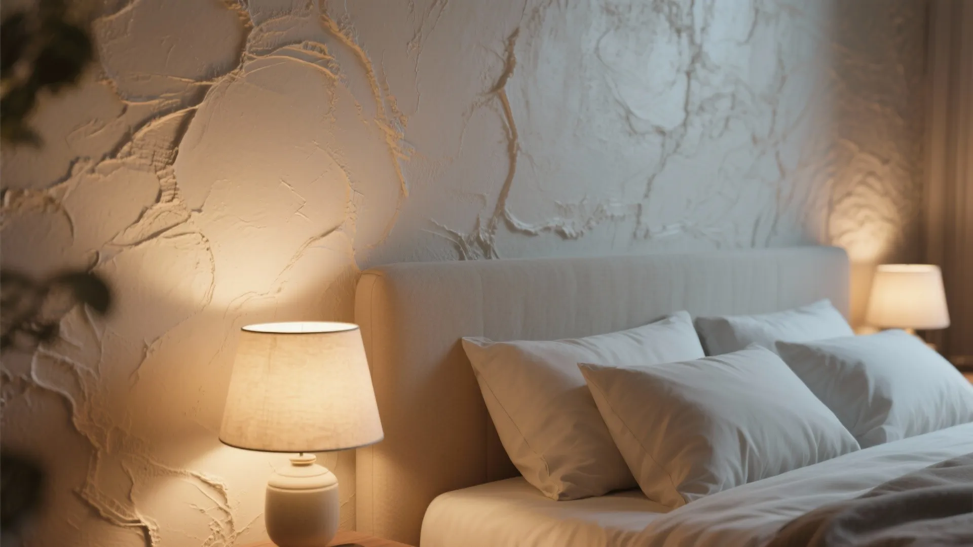 Textured white wall panel behind a bed with white pillows and warm table light fixtures