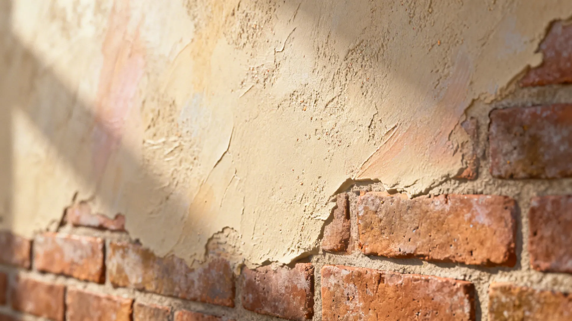 Close-up of a textured plaster wall partially covering red bricks under soft sunlight and shadows