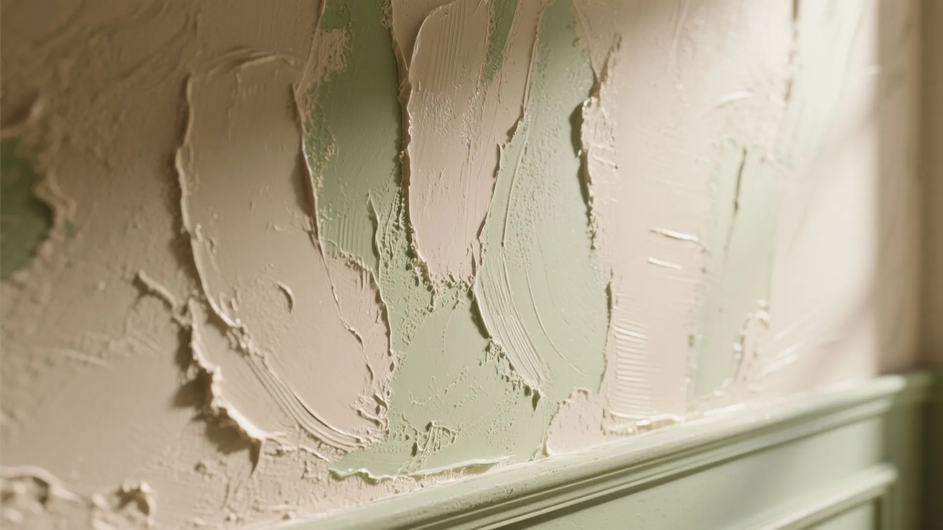 Detailed close up of green and beige textured wall plaster above a decorative wall panel