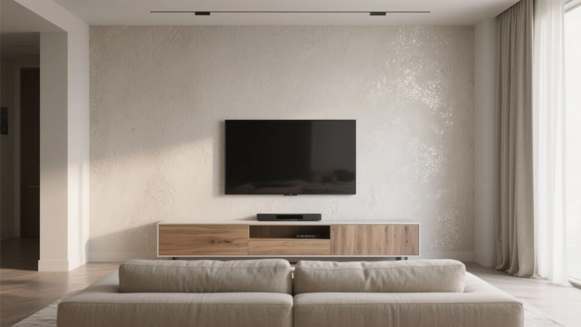 Modern living room with wall mounted television wooden cabinet beige textured wall and grey curtain